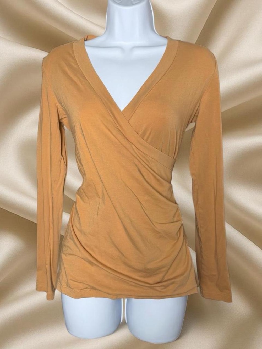 Y2K Cabi Beige Ruched Wrap Top 2000s Deep V-Neck Long-Sleeve Fitted